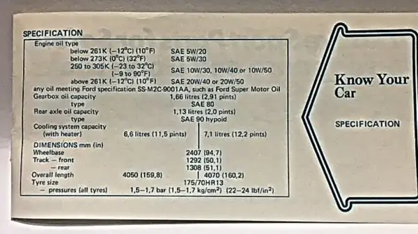 Ford Escort Specifications