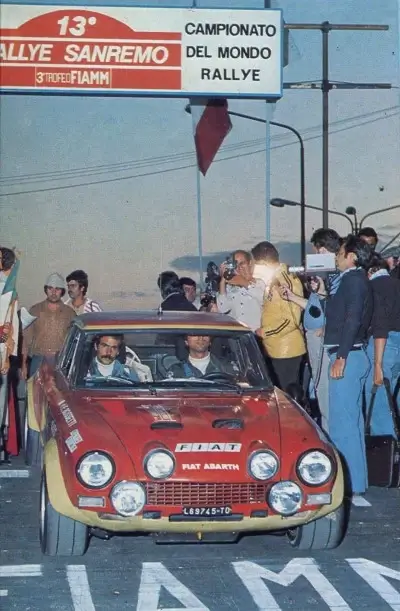 Click to enlarge Maurizio Verini in a Fiat Abarth 125 Rally at the 1975 Sanremo Rally