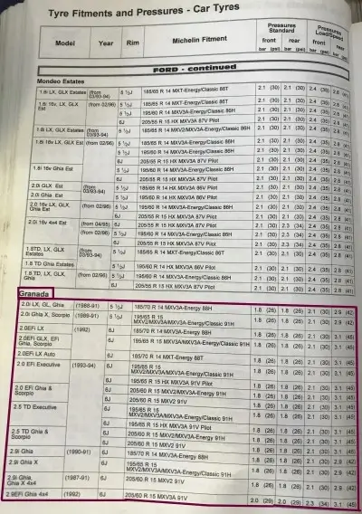 1995 Michelin Ford Granada Fitment Guide
