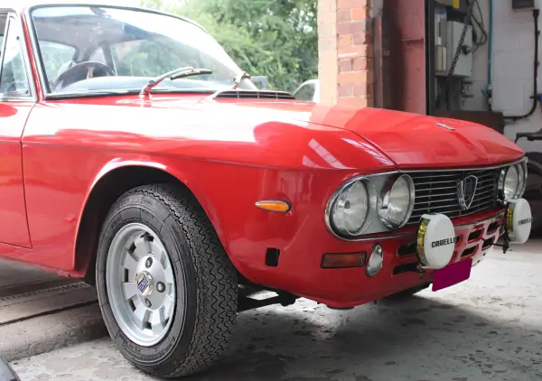 Click to enlarge Lancia Fulvia 1600 HF with some new 175 HR 14 Michelin XAS Tyres at Longstone