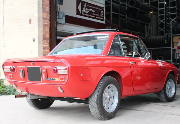 Click to enlarge Lancia Fulvia 1600 HF with some new 175 HR 14 Michelin XAS Tyres at Longstone Rear
