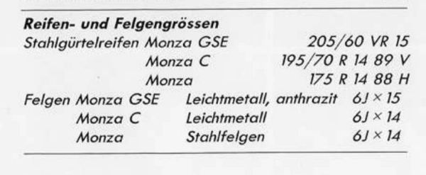 1985 Opel Monza, Opel Monza C, Opel Monza GCE Tyre Specifications