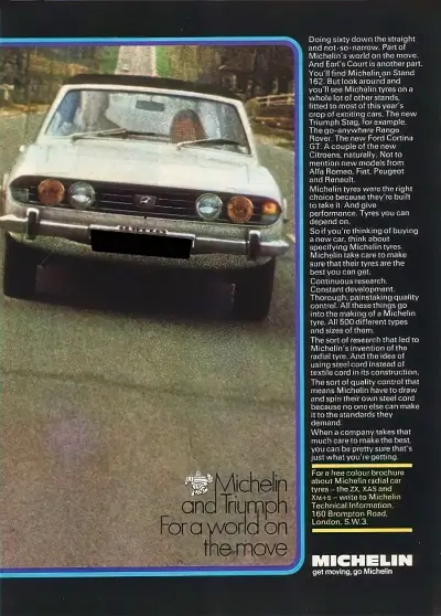 175 R14 Tyres - Michelin Triumph Advert - Triumph Stag on Michelin XAS Tyres