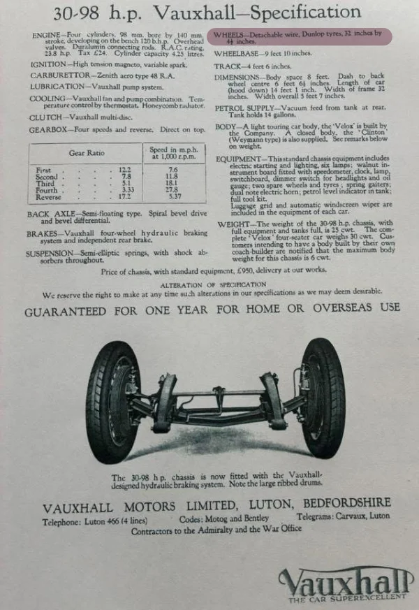 1926 Vauxhall 30/98 Colonial Model Specifications