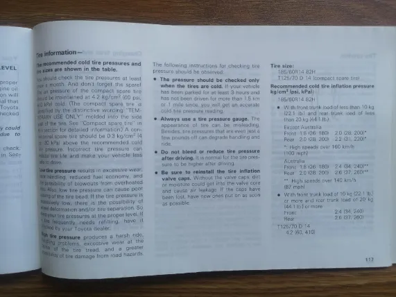 Tyre Information page from a manual